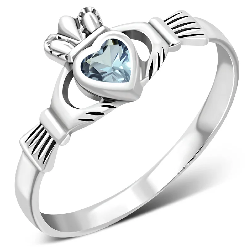 Blue Topaz CZ Irish Claddagh Silver Ring