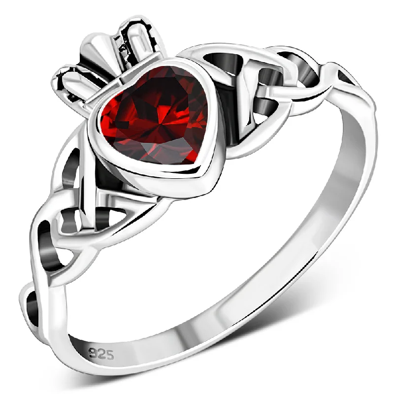 Garnet CZ Trinity Knot Claddagh Silver Ring