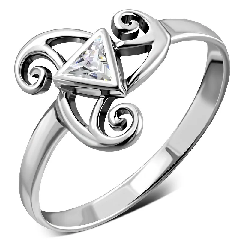 Clear CZ Triskele Triple Spiral Silver Ring