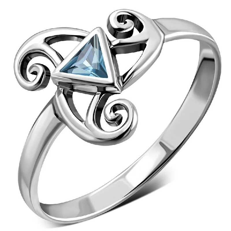 Blue Topaz CZ Triskele Triple Spiral Silver Ring