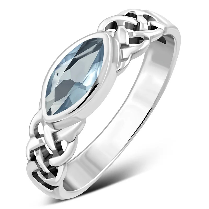 Marquise cut Blue Topaz CZ Celtic Silver Ring