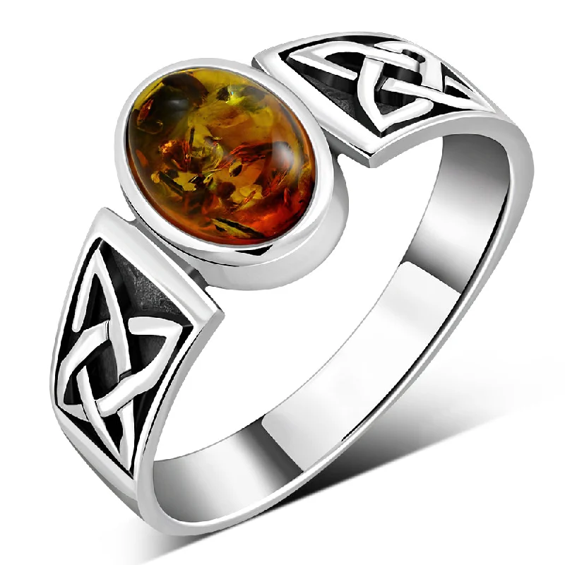 Celtic Baltic Amber Sterling Silver Ring