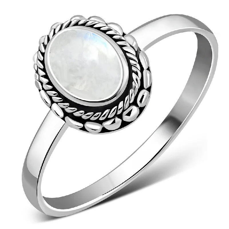 Ethnic Style Rainbow Moonstone Silver Ring