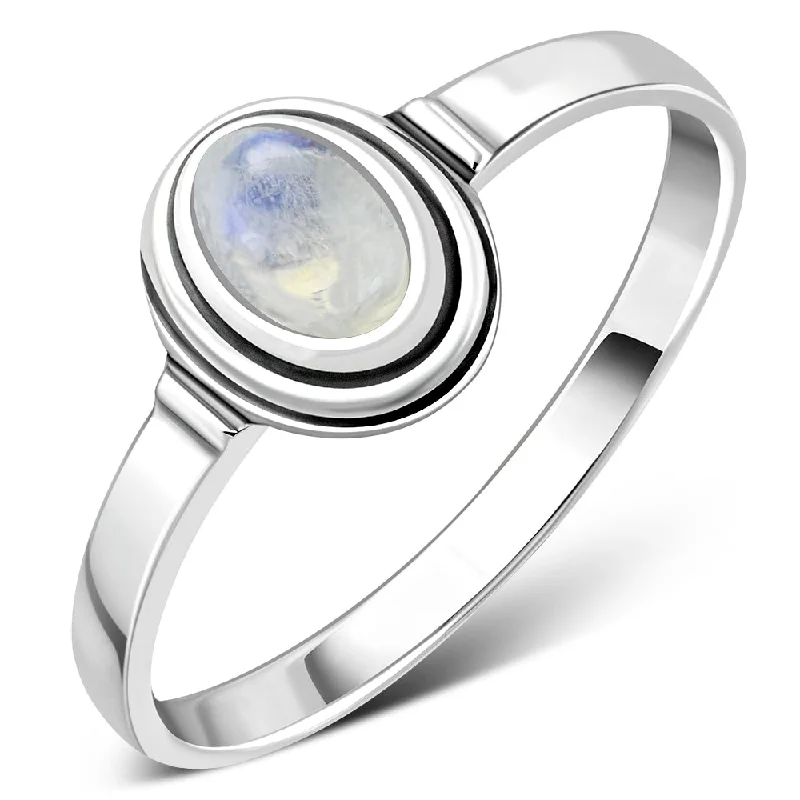 Delicate Ethnic Style Rainbow Moonstone Silver Ring