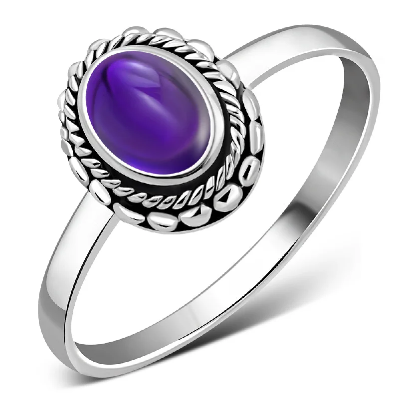 Ethnic Style Amethyst Stone Silver Ring