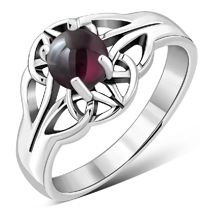 Garnet Stone Solitaire Celtic Knot Silver Ring