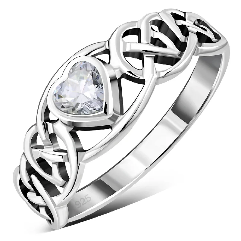 Celtic Knot Clear CZ Heart Silver Ring