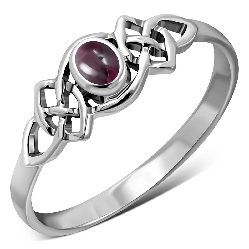 Garnet Stone Cab Celtic Knot Silver Ring