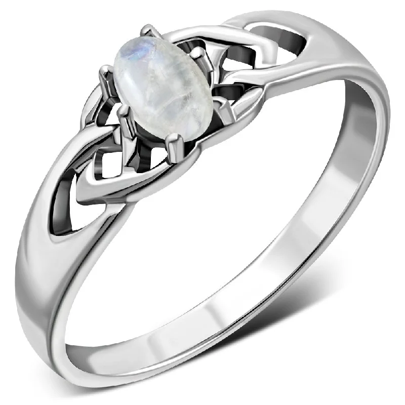 Rainbow Moonstone Celtic Knot Silver Ring