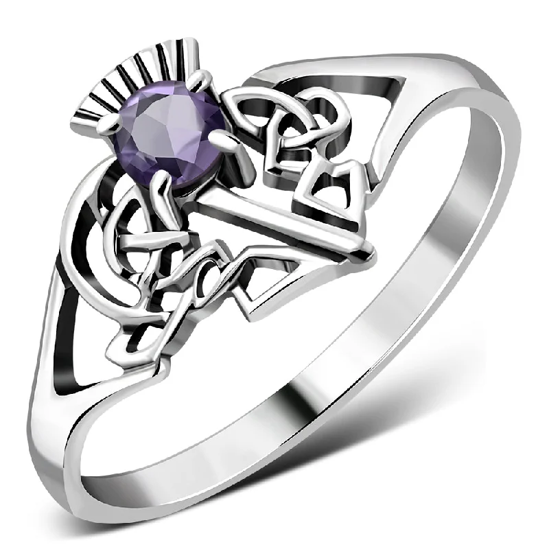 Scottish Thistle Amethyst Stone Silver Ring