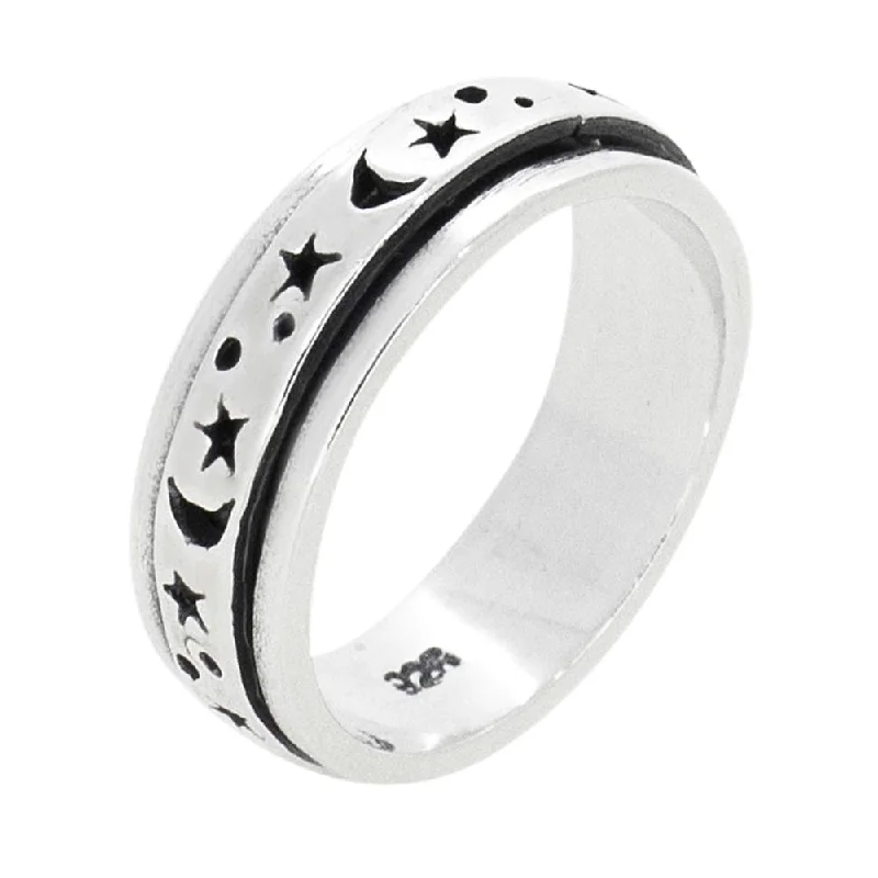 Moon and Stars Sterling Silver Spinning Ring for Women 6mm Band Ring