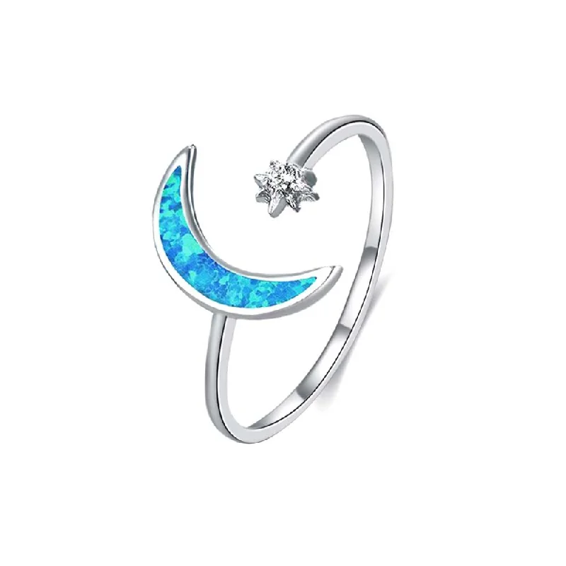 Sterling Silver Opal Crescent Moon and Star Ring Adjustable Moon Ring