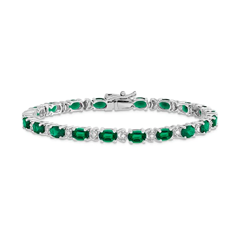 14k White Gold Oval Created Emerald & Diamond Bracelet