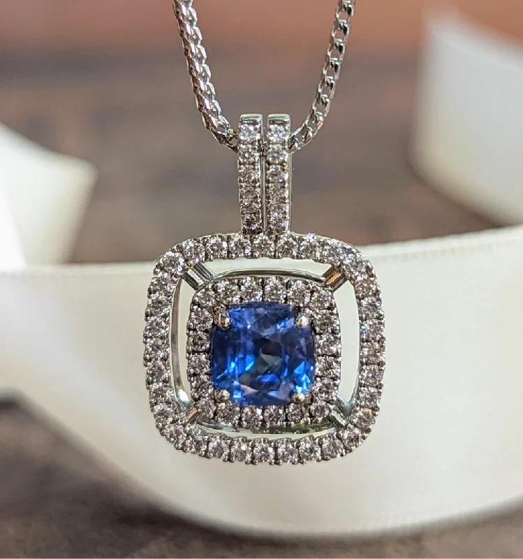 Blue Sapphire Cushion Double Halo Pendant