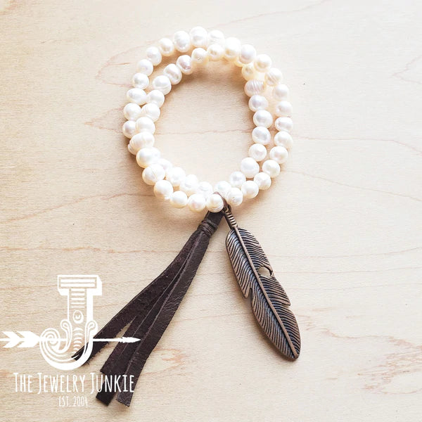 Double Strand Pearl Bracelet With Feather Accent