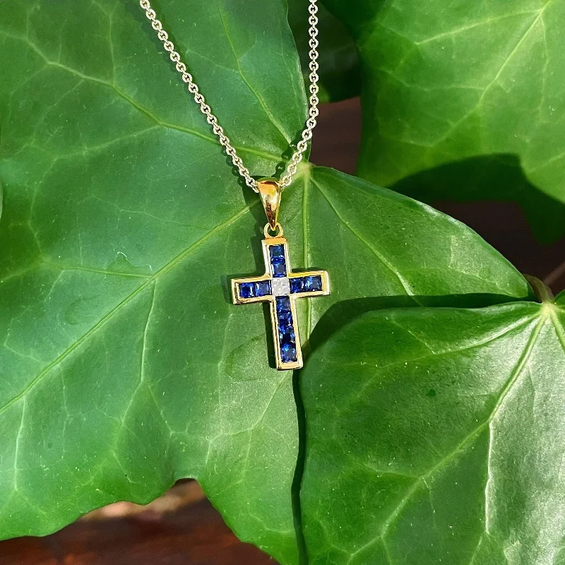 Blue Sapphire Diamond Cross Pendant