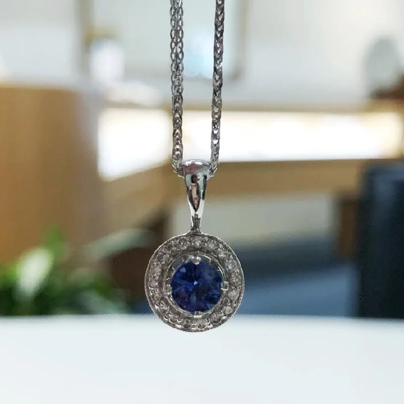 Blue Sapphire with Diamond Halo Pendant