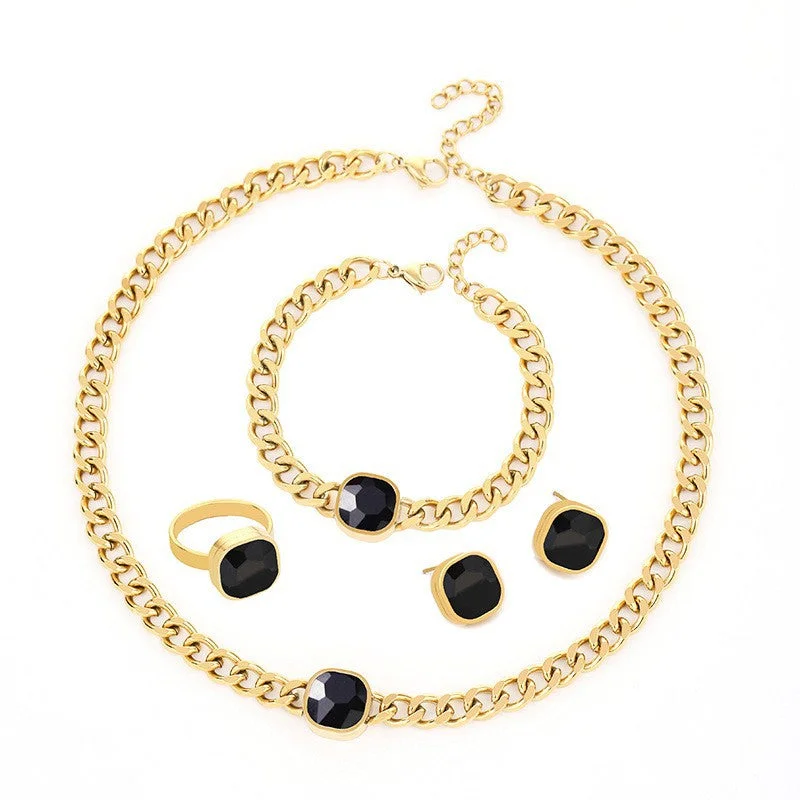 Wholesale Cuban Chain Necklace Bracelet Ring Earrings Real Gold Electroplated Titanium Steel Non-fading Set