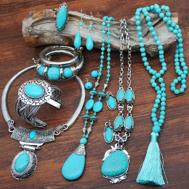 Wholesale Ethnic Style Turquoise Beaded Necklace Sweater Chain Earrings Ring Jewelry Set