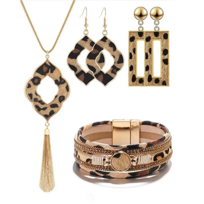 Wholesale Leopard Pattern Tassel Necklace Earrings Bracelet Set