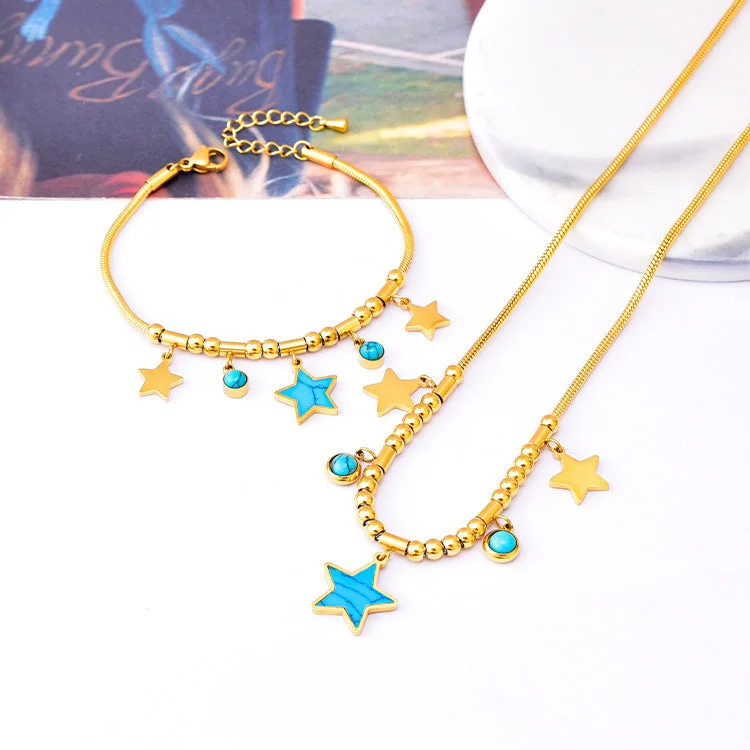 Wholesale Round Tube Five-pointed Star Necklace Turquoise Clavicle Pendant Long Tassel Earrings Bracelet Set