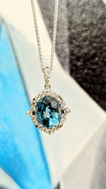 Blue Zircon Diamond Halo Pendant