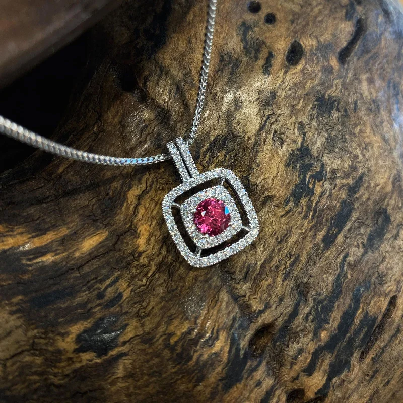 Zoma Color Double Diamond Halo and Pink Spinel Pendant