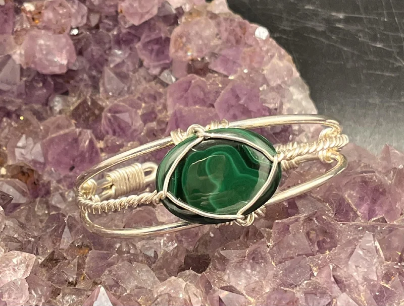 Malachite on Sterling Silver Cuff Bracelet Wire wrapped Handmade