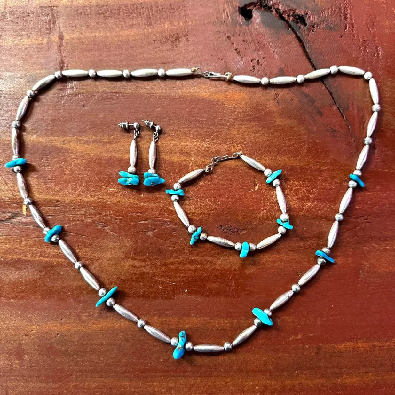 Navajo Sterling Silver Bead & Turquoise Necklace Bracelet Earring Set