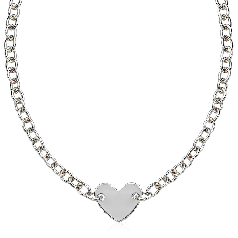 Size: 18'' - Sterling Silver Rhodium Plated Chain Bracelet with a Flat Heart Motif Station