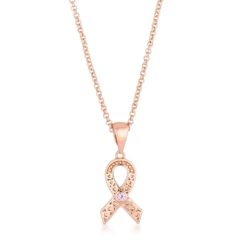 18k Rose Gold Plated Heart Filigree Breast Cancer Awareness Ribbon Pendant