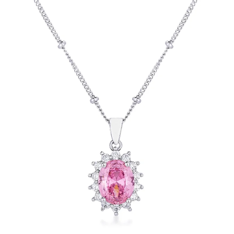 Rhodium Plated Pink Petite Royal Oval Pendant