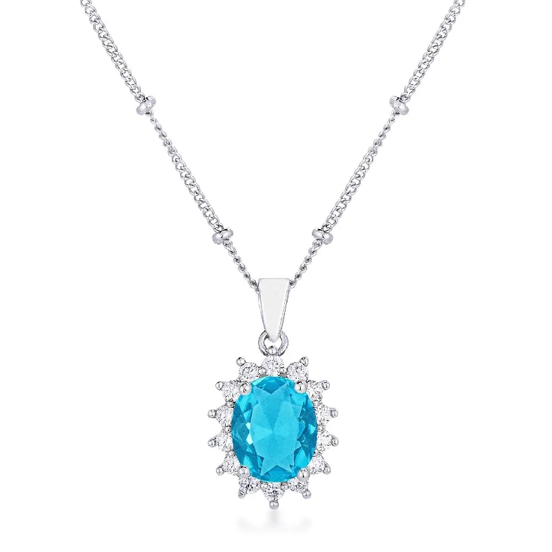 Rhodium Plated Aqua Blue Petite Royal Oval Pendant