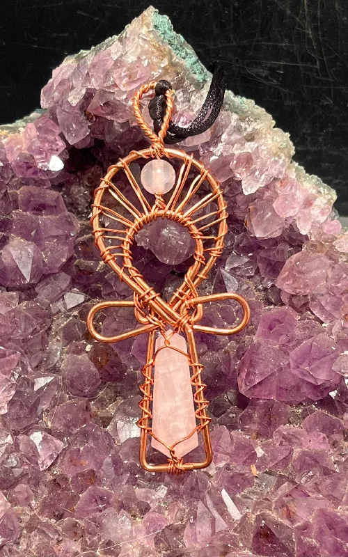 Rose Quartz  Wirewrapped Copper Ankh Pendant