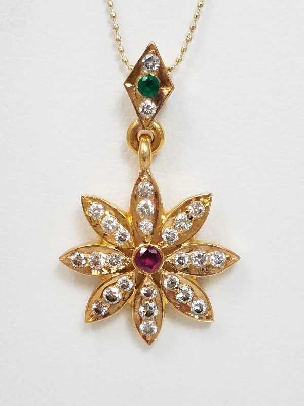 Stunning 21k Yellow Gold Natural Ruby Emerald Diamond Dangle Pendant