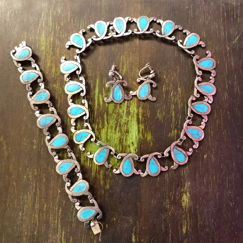 Vintage Mexican Sterling Silver Turquoise Necklace Bracelet Earring Set