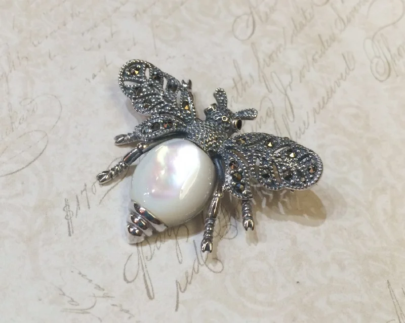 Bee Mother of Pearl Brooch Silver Marcasite