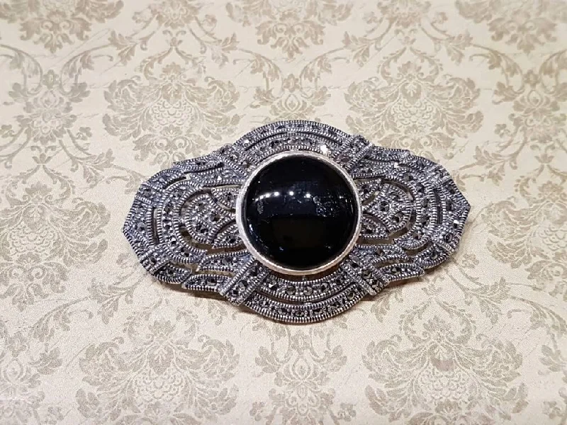 Black Onyx Brooch Art Deco Style