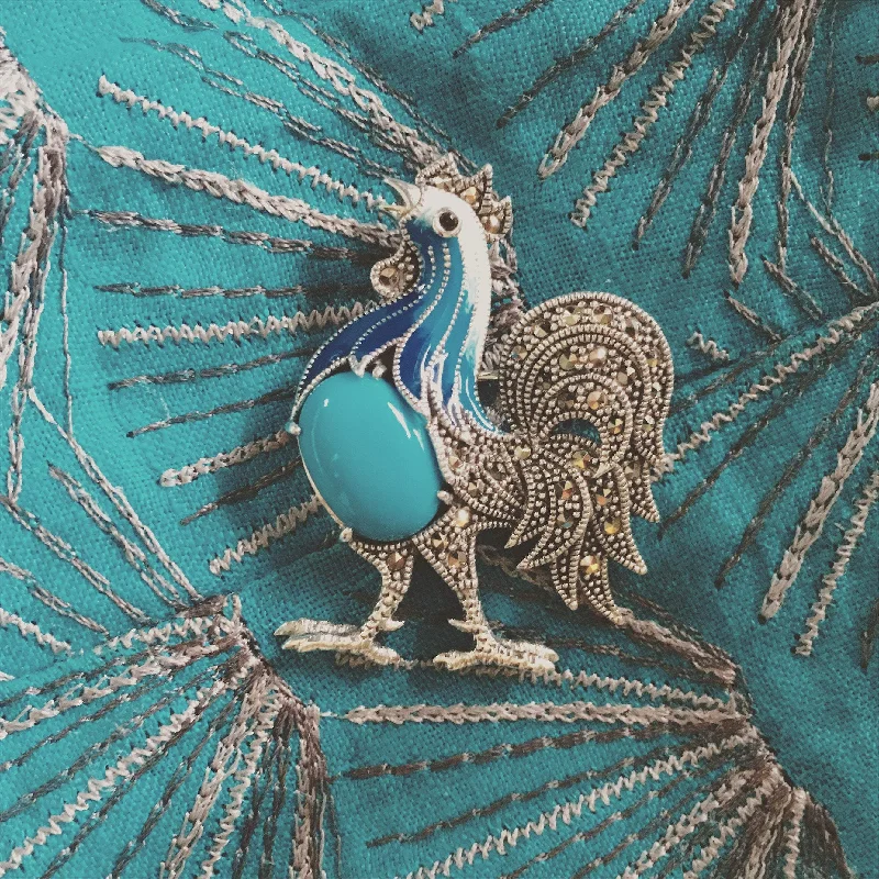 Blue Cockerel Brooch silver Marcasite enamel