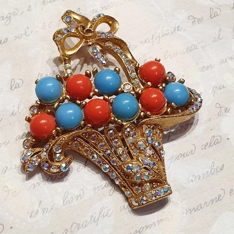 Butler & Wilson Brooch Basket of Swarovski Crystal flowers Coral Turquoise Glass