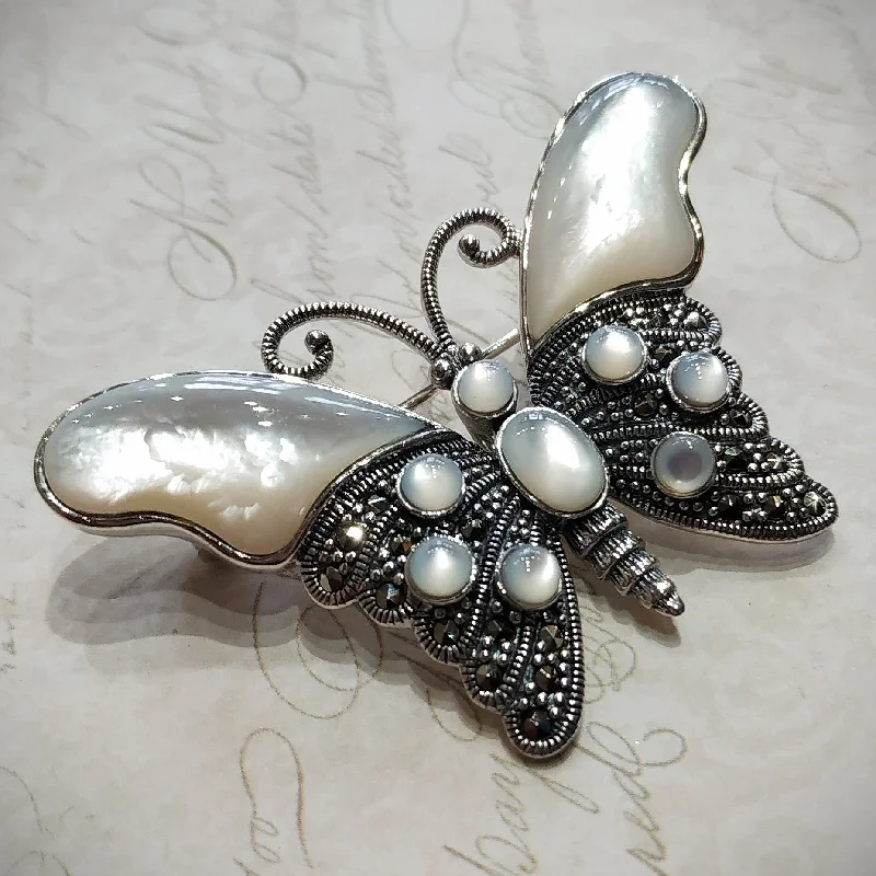 Butterfly Brooch in mother of pearl Silver Marcasite Pendant