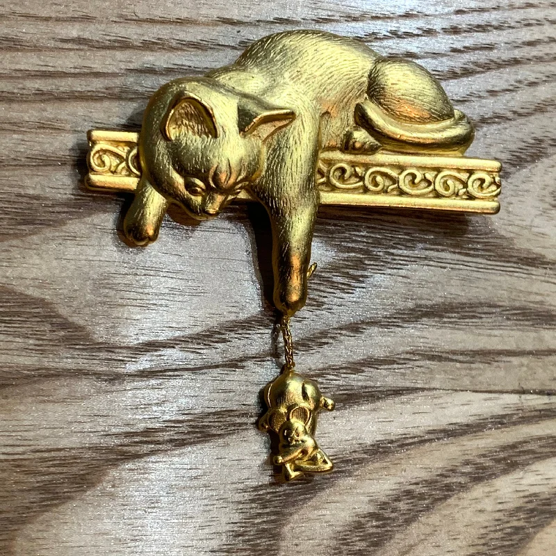 Cat and mouse brooch by JJ with dangly tail in gold tone