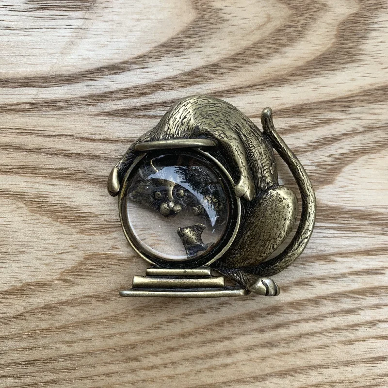 Cat with a Fishbowl brooch by JJ pewter