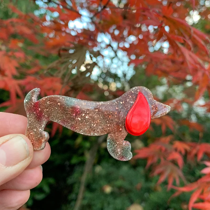 Lea Stein Choupette Colourful Red Glitter  Dachschund Brooch