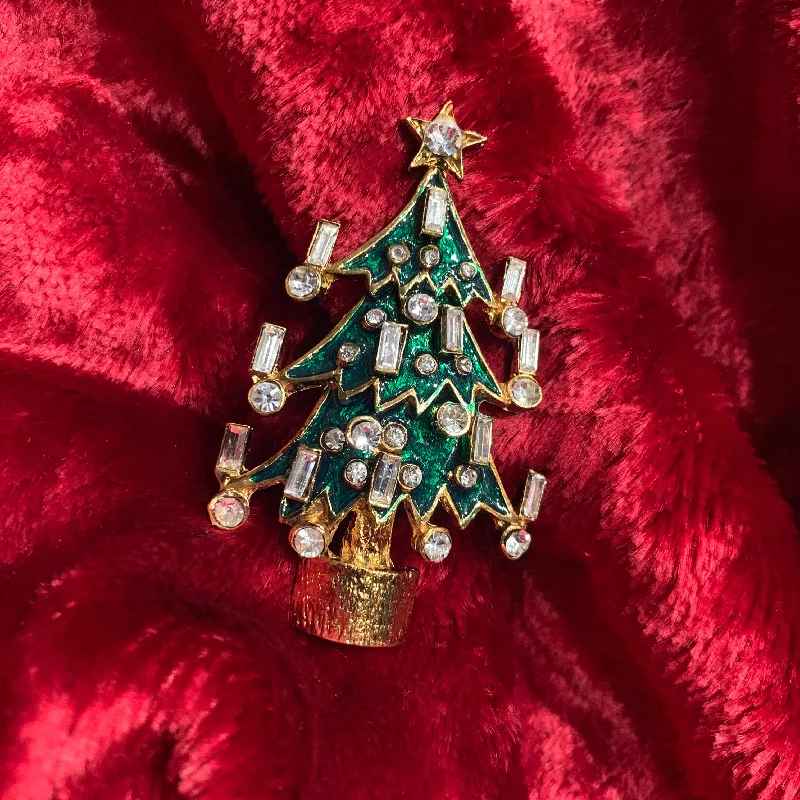 Christmas Tree Brooch Pin by Sardi Green Enamel Crystal