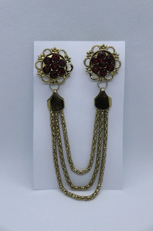 Golden Red Stones With CHain Metallic Brooch