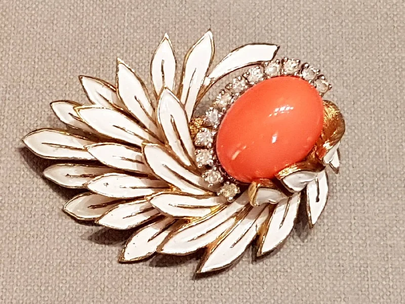 Jomaz Flower Leaf Brooch Coral White Crystal Vintage