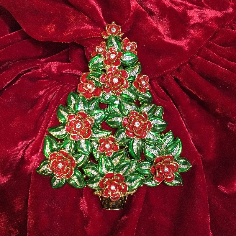 Large Christmas Tree brooch by Cristobal London Enamel Crystal