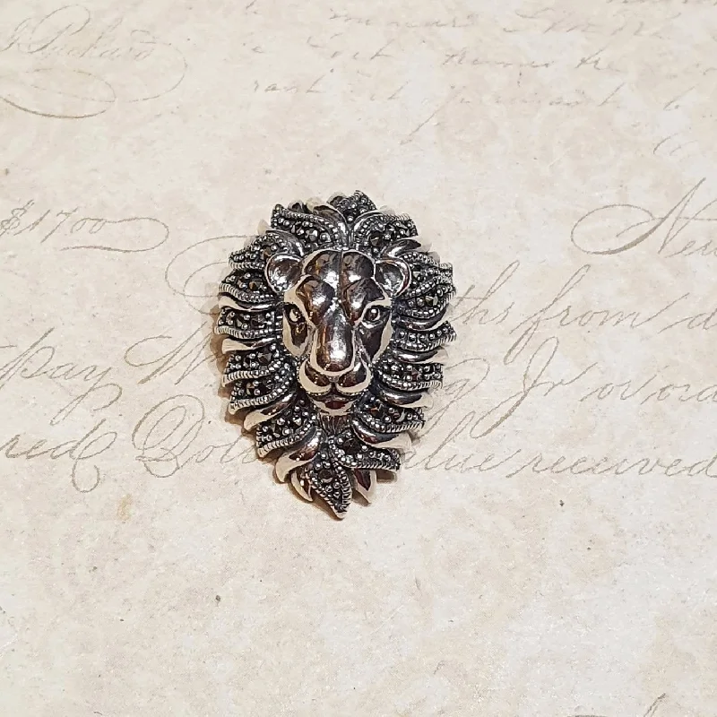 Lion Brooch Pendant Silver Sterling Marcasite