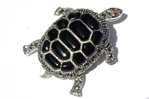 Tortoise Brooch Silver Marcasite Turtle Pendant